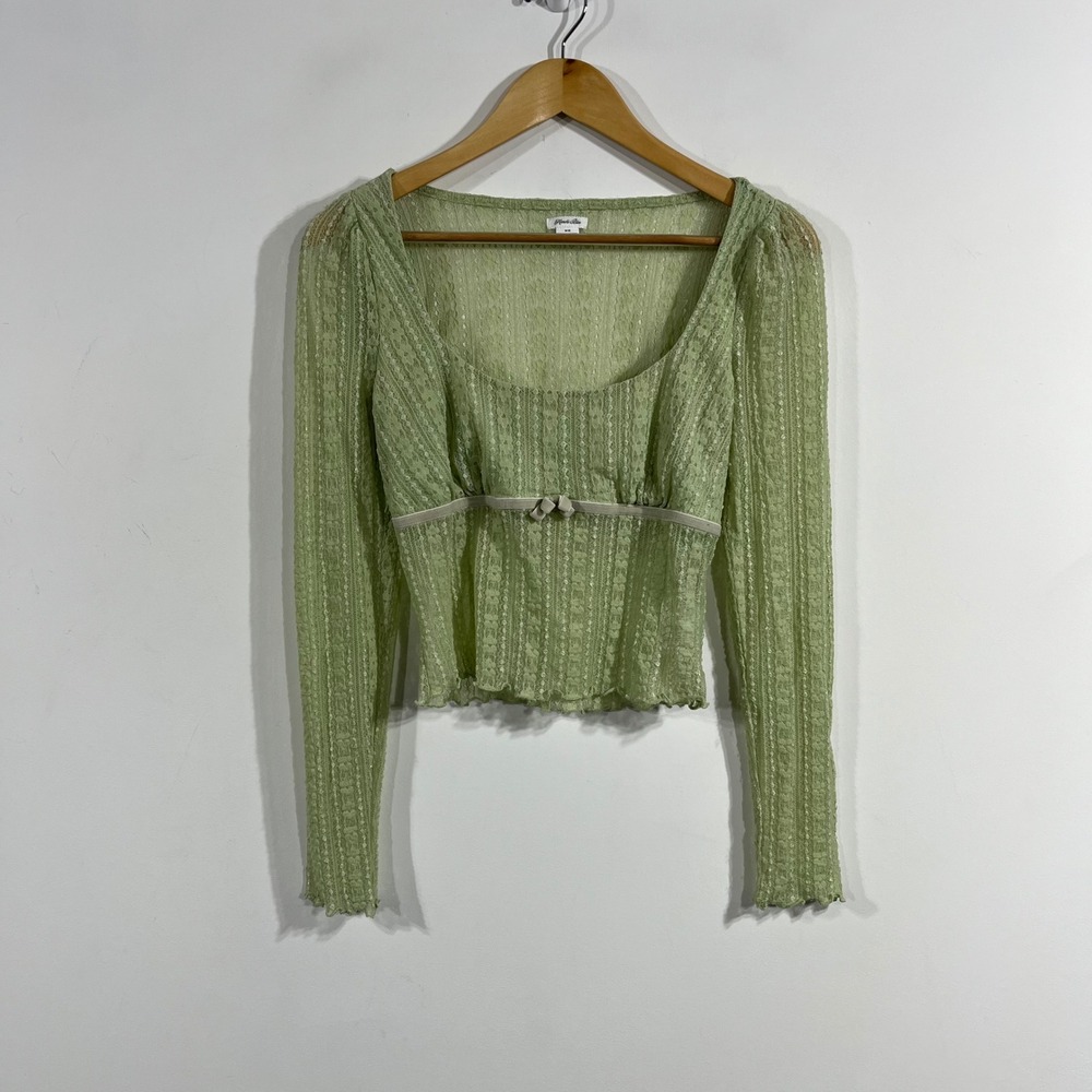 UO Babydoll Fairy Grunge Y2K Whimsigoth Green Lace Bow Top Medium Renfair Dirndl